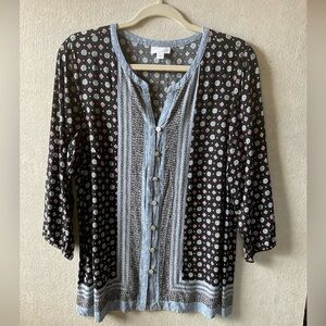 J. Jill Black and Blue Buttoned Blouse with Mandarin Collar